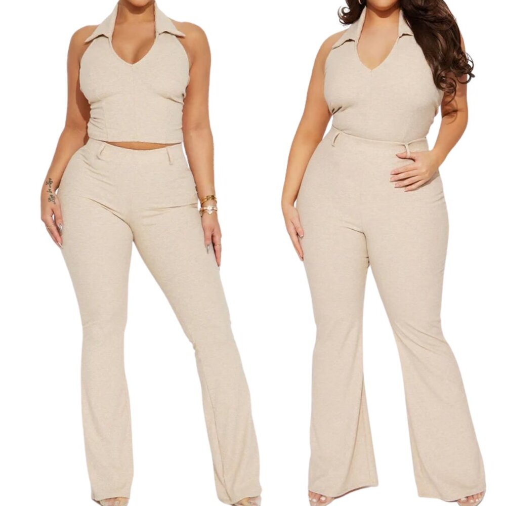 ✨ Fashion Nova Plus Size 1X Beige Ribbed Knit 2-Piece Halter Set